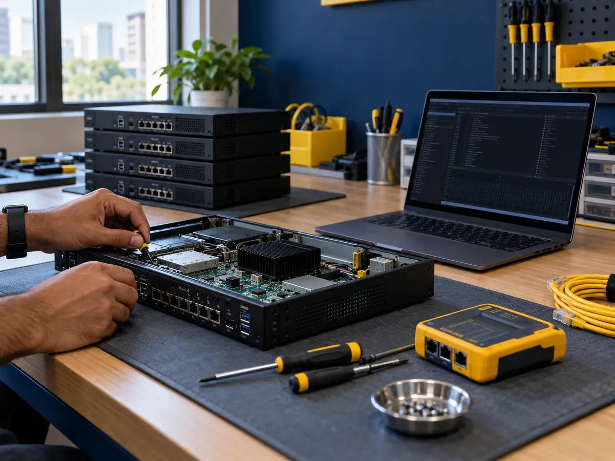 IT engineers preparing a firewall appliance for deployment at a workbench