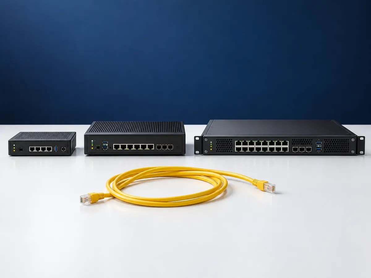 Compact black firewall appliances with Ethernet and fibre ports ready for deployment