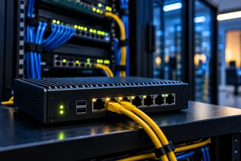 Firewall appliance being connected and configured in a comms room